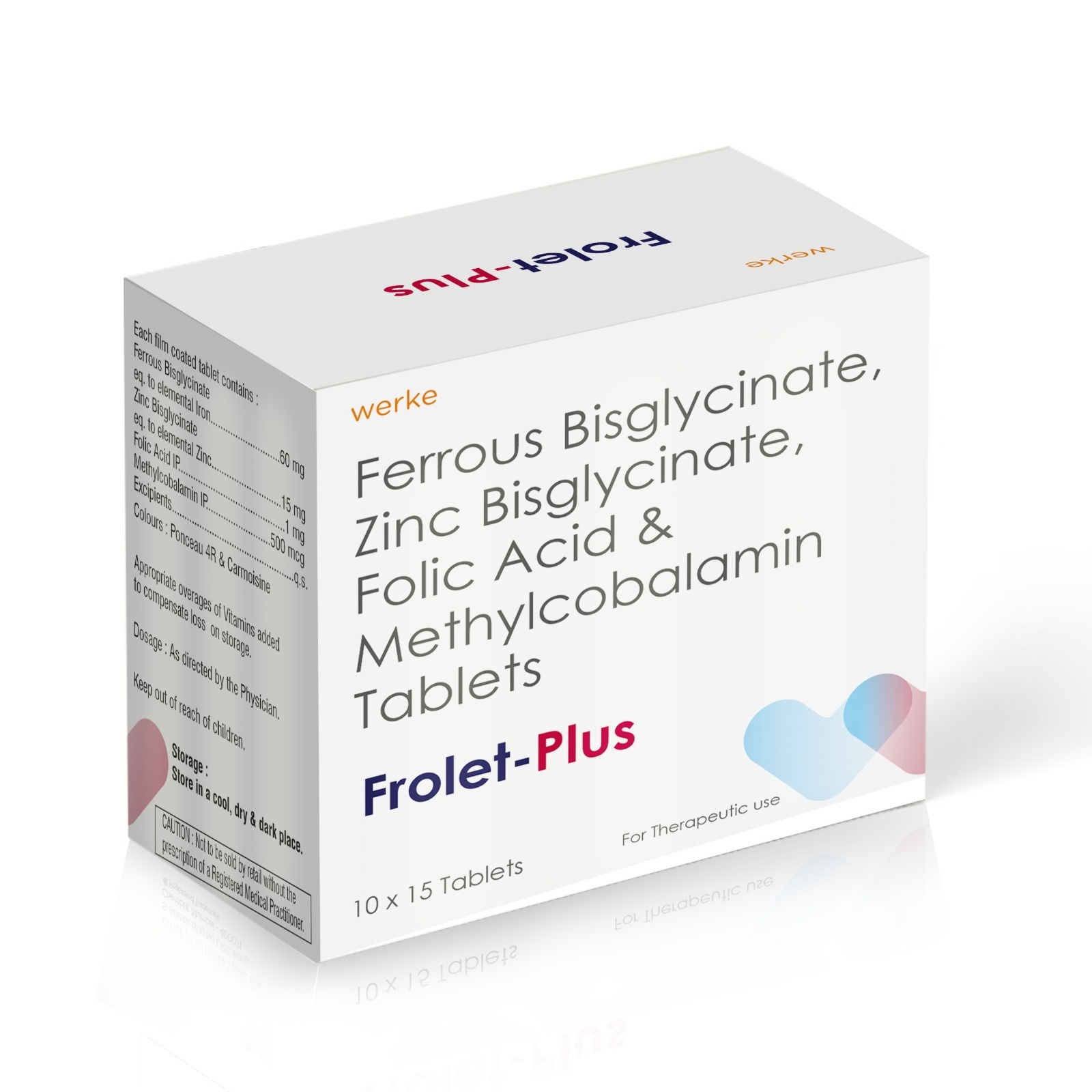 Ferrous Bisglycinate, Zinc Bisglycin, Folic Acid & Methylcobalamin Tablets - Frolet Plus Tablets - Werke Health Care
