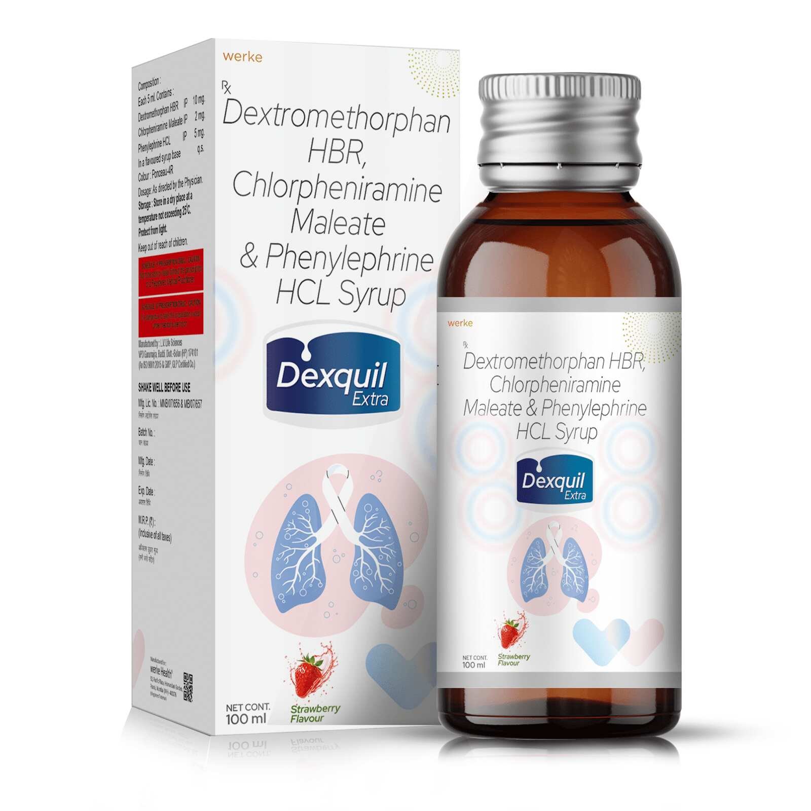 DEXQUIL EXTRA by Werke Health having composition Dextromethorphan 15 mg + Chlorphenrimine maleate 2 mg + Phenylephrine 5 mg Used in the Treatment of Dry Cough.