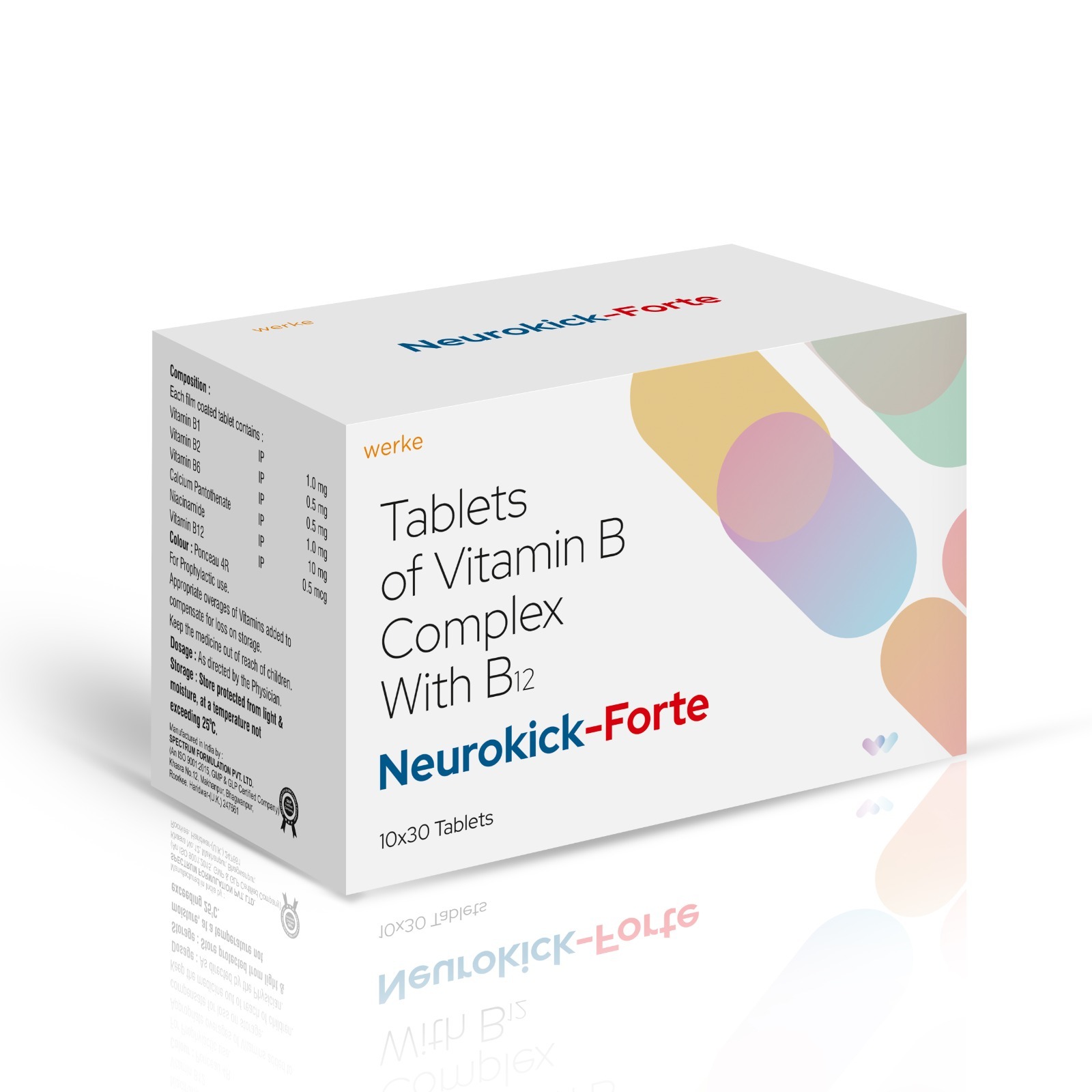 Vitamin B1, Vitamin B2, Vitamin B6, Vitamin B12 Niacinamide & Calcium Pantothenate Tablets - NEUROKICK FORTE Tablets - Werke Health Care